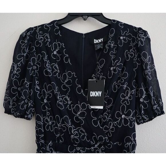 DKNY DD2F3346 Women's Sz 6 Black Embroidered Faux-Wrap Sheer-Sleeve Dress $139+ - Picture 3 of 16